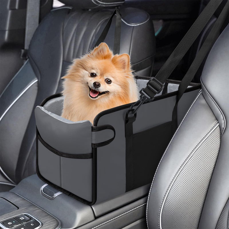 NECKORY Portable Dog Car Seat for Small Dogs - Adjustable Safety Leash, Washable Cushion & Storage Pocket - Pet Booster Seat for Car Travel- Grey - Image 1