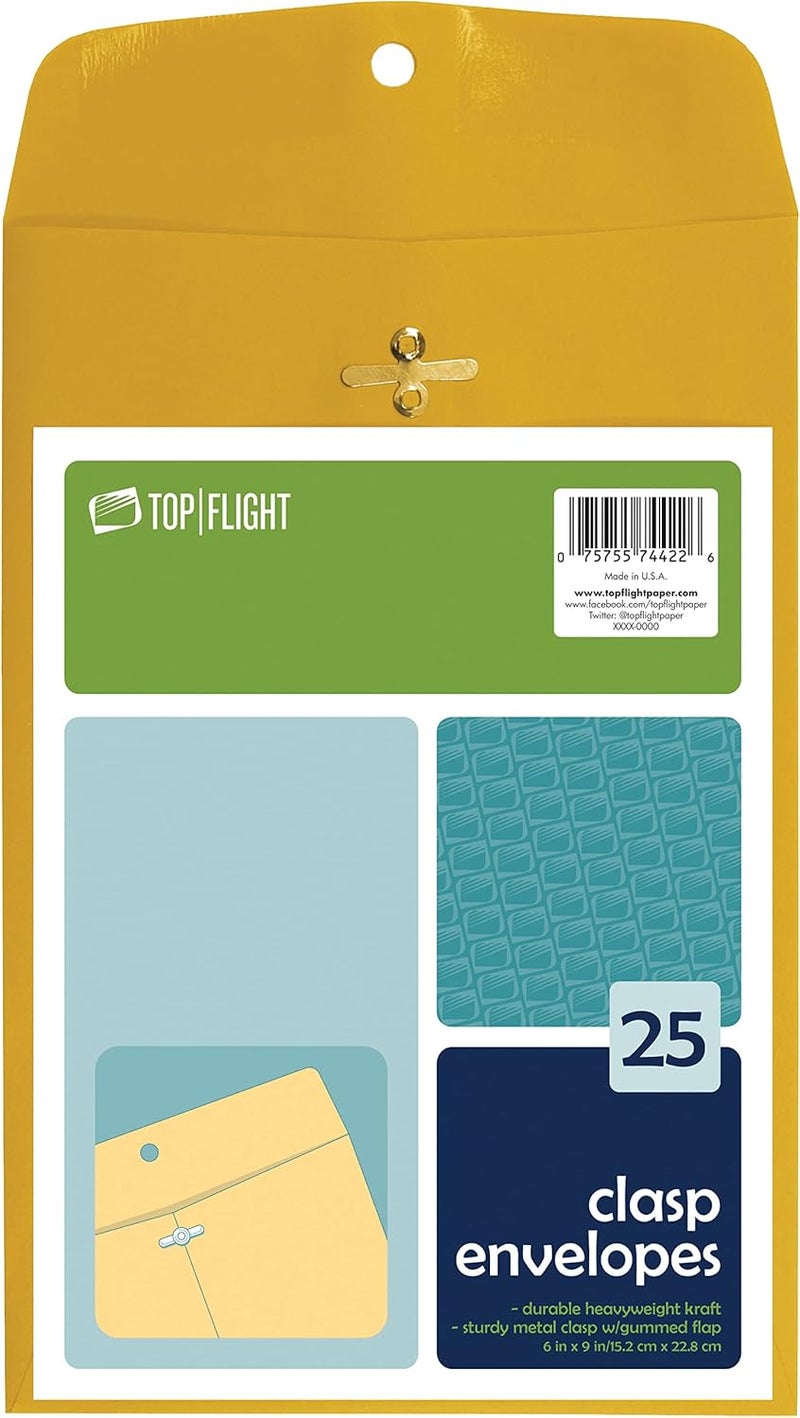 Top Flight Clasp Envelopes - Durable Brown Kraft, Gummed and Clasped Closure, 6 x 9 Inches, 25 Envelopes per Pack - Image 1