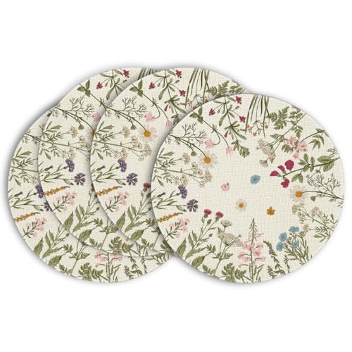 Artoid Mode Artoid Mode Antique Herbs Wild Flowers Spring Placemats Set of 4 14 Inch Summer Round Table Mats for Dining Decoration 