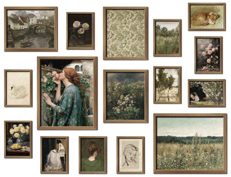 ANERZA 16 PCS Framed Vintage Wall Art Decor, French Country Wall Prints for Bedroom, Landscape Gallery Wall Frame Set, Farmhouse Posters for Living Room Aesthetic, Rustic Collage Kit, Dorm Home Decor - Image 1