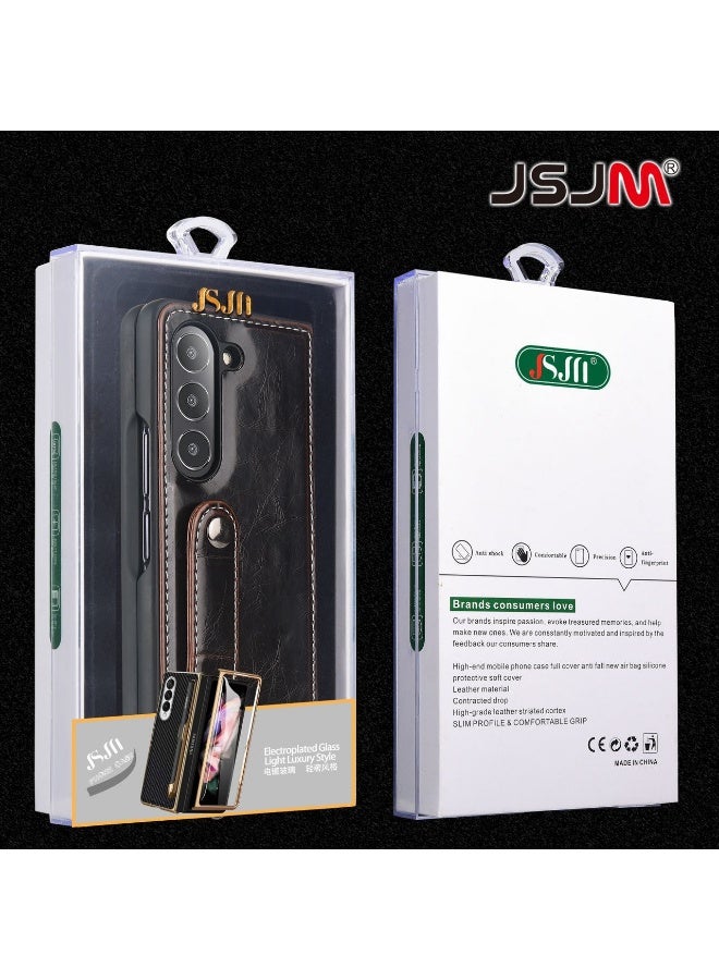 JSJM FOLD 6 -JSJM BOOK LEATHER With GRIP + GLASS FOR SAMSUNG GALAXY FOLD 6 ( Design - 126) [ Brown Color ] - Image 1