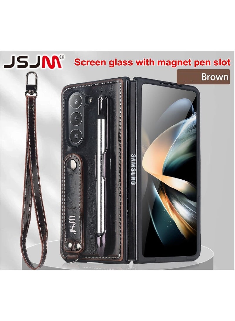 JSJM FOLD 6 -JSJM BOOK LEATHER With GRIP + GLASS FOR SAMSUNG GALAXY FOLD 6 ( Design - 126) [ Brown Color ] - Image 3