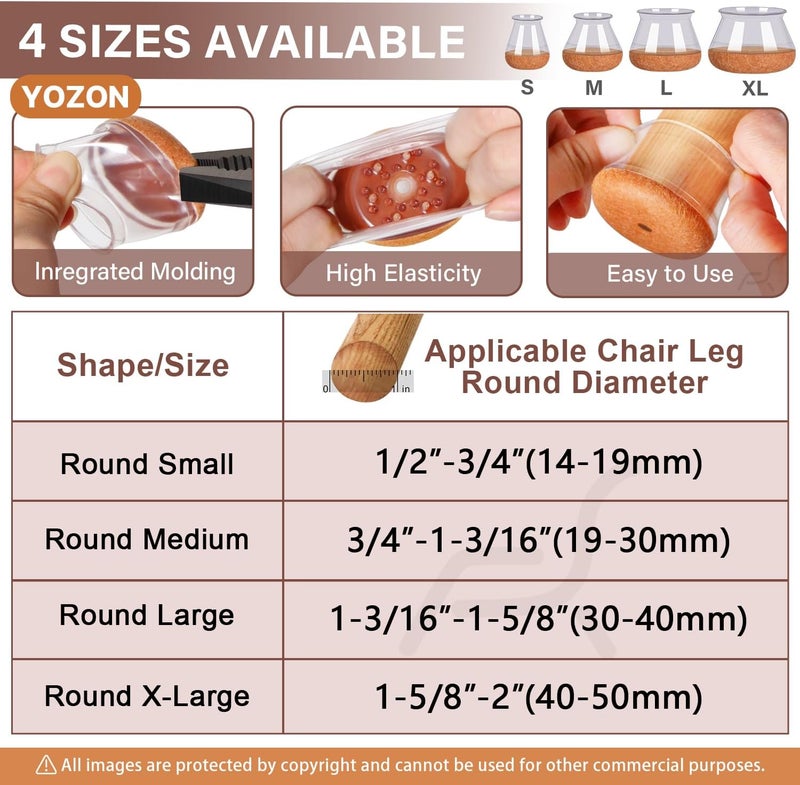 YOZON Chair Leg Floor Protectors Chair Leg Protectors for Hardwood Floors Felt Silicone Caps Strengthen Bottom Protection Anti-Scratch Reduce Noise 32 Pack Clear Round Large Fit 1-3/16" to 1-5/8" (30-40mm) - Image 4