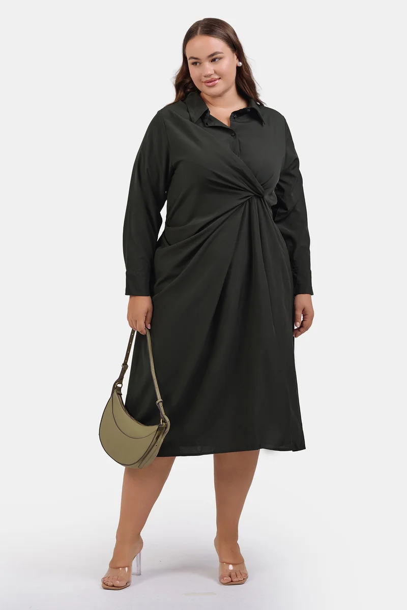 فيرجيو Solid Modal Draped Midi Shirt Plus Size Dress for Women