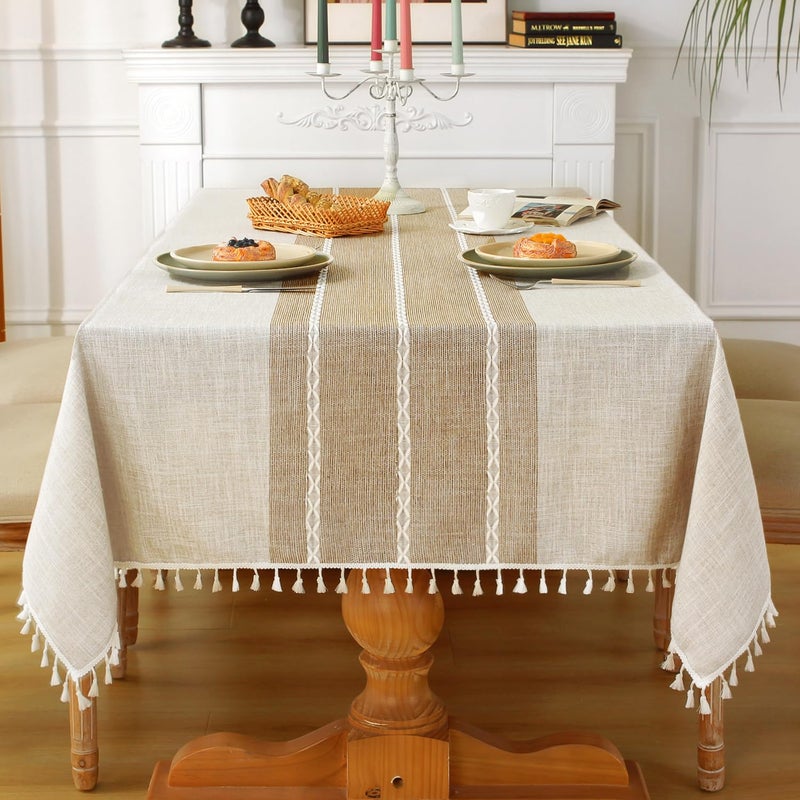 Laolitou Rustic Cotton Linen Table Cloth,Tablecloths for 6 Foot Rectangle Tables,Waterproof Washable Tablecloth with Tassel Rectangle/Oblong, 55''x 86'', 6-8 Seats - Image 1