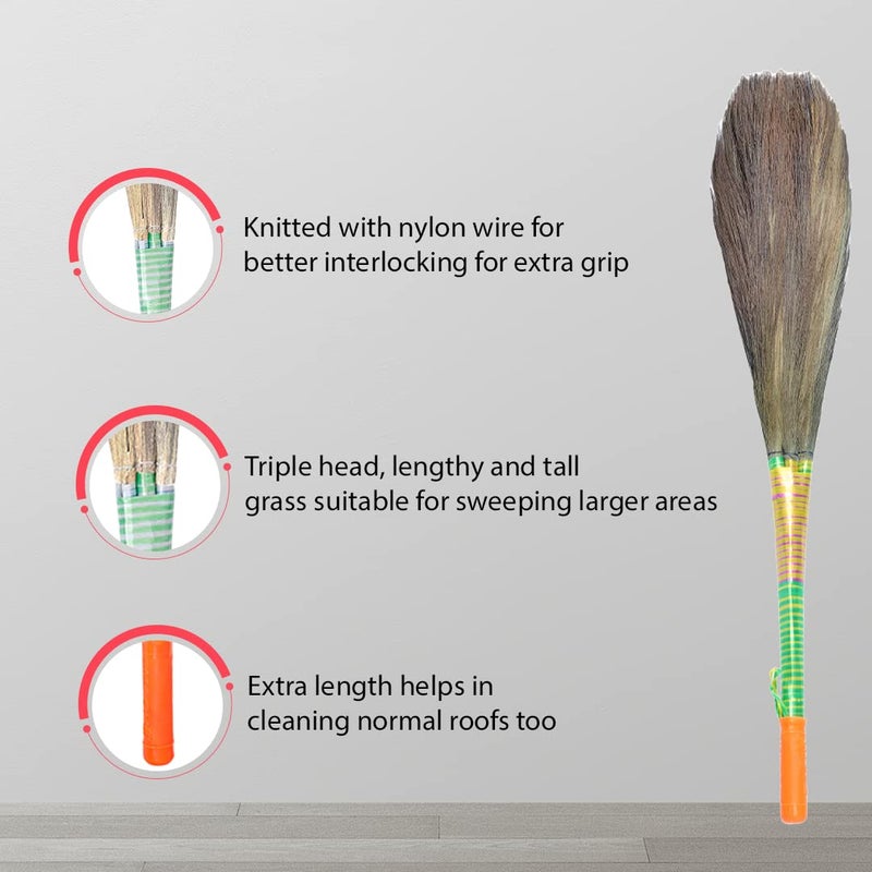 Monkey 555 Mach 3 Natural Grass Broom - Pack of 2| XL Garo Hill Grass | Removes Fine Dust | Nylon Knitted Interlocking & Grip | Perfumed Handle Broomstick | Large Area Sweeping - Image 3