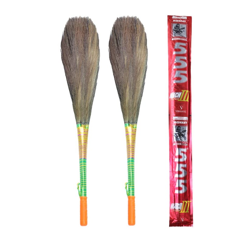 Monkey 555 Mach 3 Natural Grass Broom - Pack of 2| XL Garo Hill Grass | Removes Fine Dust | Nylon Knitted Interlocking & Grip | Perfumed Handle Broomstick | Large Area Sweeping - Image 1