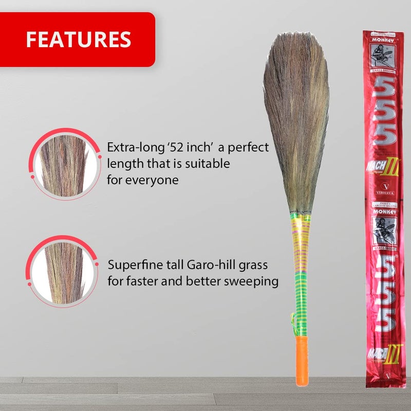 Monkey 555 Mach 3 Natural Grass Broom - Pack of 2| XL Garo Hill Grass | Removes Fine Dust | Nylon Knitted Interlocking & Grip | Perfumed Handle Broomstick | Large Area Sweeping - Image 2
