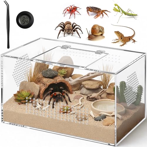 CourtyardAid Acrylic Reptile Terrarium, Pre-Assembled Tarantula Enclosure with All-Side Ventilation & Magnetic Door, Tank for Spider, Gecko, Mantis, Frog, Snail, Isopods, 12"x7"x7" (Tweezer & Hygrometer Included) - Image 1