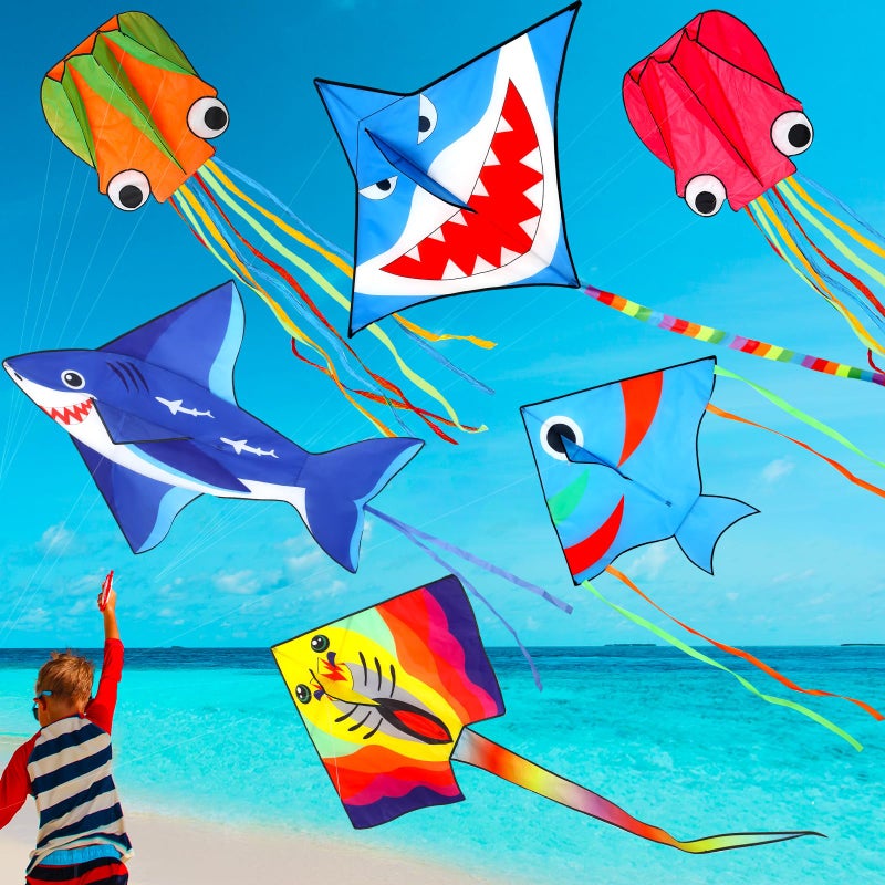 Leitee 6 Pack Large Kite for Kids and Adults Butterfly Kite for Kids Age 4-8-12 Dragonfly Owl Parrot Eagle Goldfish Teens Toy Easy to Fly for Game Beach Outdoor Activities Gifts(Ocean Style) - Image 1