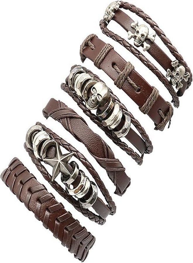 AFIKJHONS6 Bracelet Set Punk Tribal Style Hand-woven Brown Leather Wristband Unisex Bracelet Adjustable Leather Bracelet Set (6p_Brown Leather bracelet) - Image 1