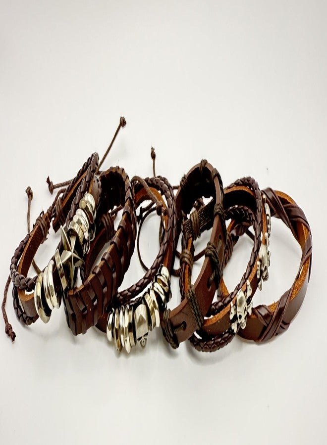 AFIKJHONS6 Bracelet Set Punk Tribal Style Hand-woven Brown Leather Wristband Unisex Bracelet Adjustable Leather Bracelet Set (6p_Brown Leather bracelet) - Image 2