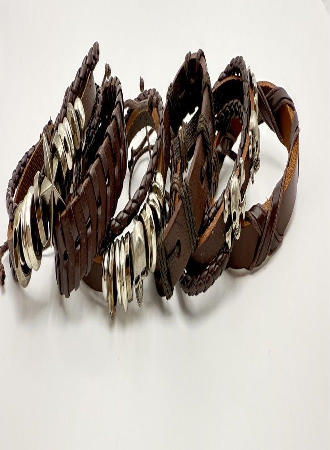 AFIKJHONS6 Bracelet Set Punk Tribal Style Hand-woven Brown Leather Wristband Unisex Bracelet Adjustable Leather Bracelet Set (6p_Brown Leather bracelet) - Image 3
