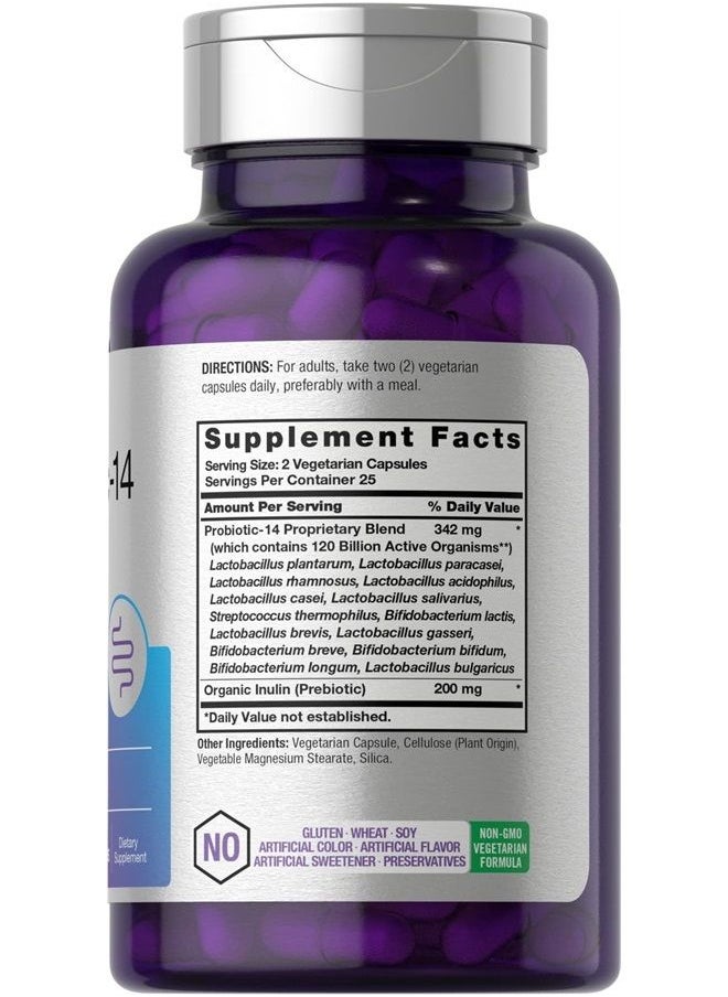 Horbäach - Probiotics 120 Billion CFU | 14 Strains with Prebiotics | for Women & Men | 50 Capsules | Vegetarian, Non-GMO & Gluten Free Supplement | by Horbaach - Image 1