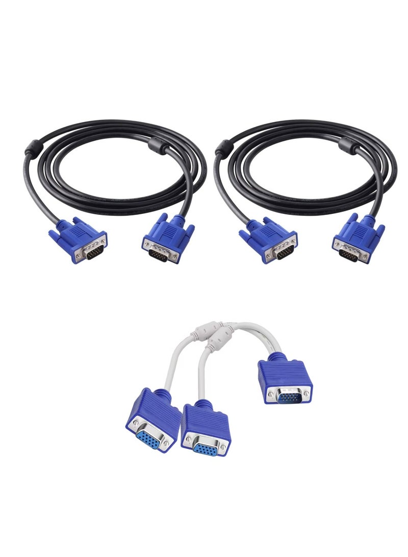 FUJISHKA VGA 1 Male to 2 Female Splitter + 2 x 3M VGA 15-Pin Cables – High Quality Video Extension - Image 1