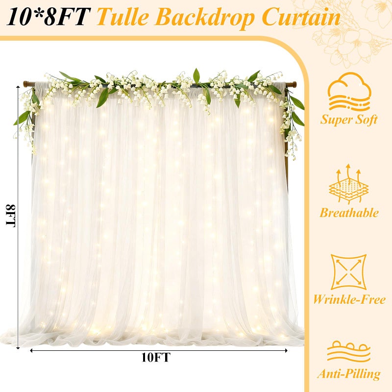 Ledido 10Ã—8ft White Tulle Backdrop Curtains with Lights String - 300LED Fairy Lights Sheer Curtain Backdrop for Wedding Baby Shower Photo Shoot Birthday Party Decoration(2 Panels 5Ã—8ft)ï¼ŒWhite - Image 2