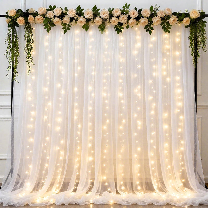 Ledido 10Ã—8ft White Tulle Backdrop Curtains with Lights String - 300LED Fairy Lights Sheer Curtain Backdrop for Wedding Baby Shower Photo Shoot Birthday Party Decoration(2 Panels 5Ã—8ft)ï¼ŒWhite - Image 1