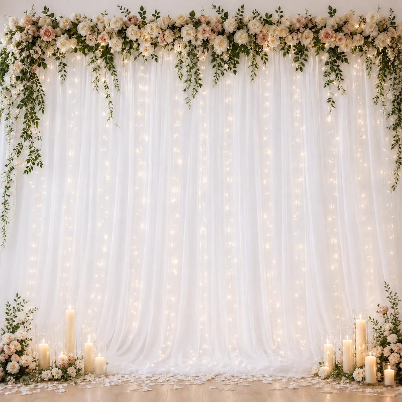 Ledido 10×8ft White Tulle Backdrop Curtains with Lights String - 300LED Fairy Lights Sheer Curtain Backdrop for Wedding Baby Shower Photo Shoot Birthday Party Decoration(2 Panels 5×8ft)，White - Image 1