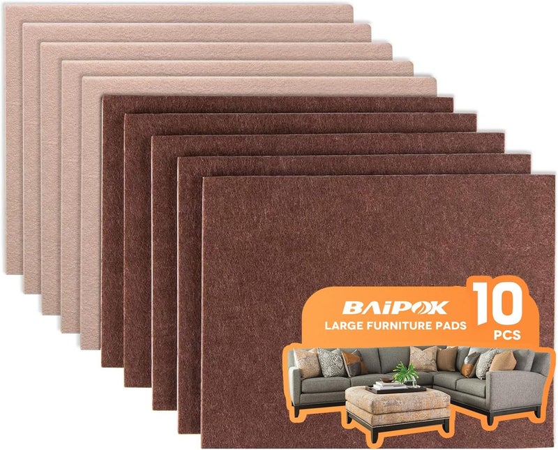 BAIPOK Felt Furniture Pads 10pcs 8" x 6" (Brown 5 Pcs + Beige 5 Pcs), Cuttable Self Adhesive Furniture Pads, Anti Scratch Chair Leg Floor Protectors for Hardwood Floors - Image 1
