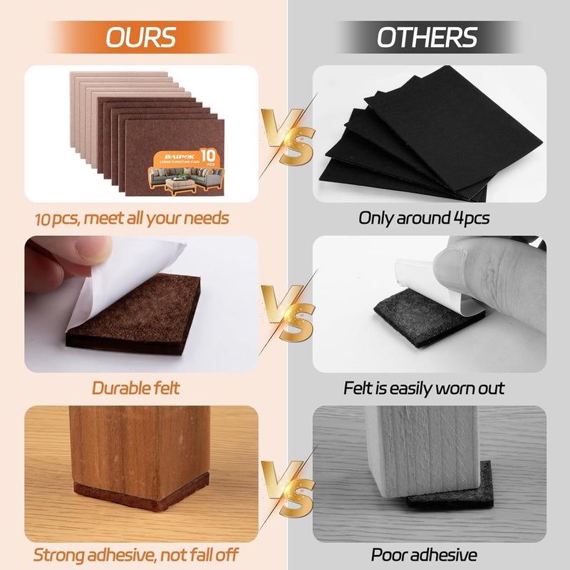 BAIPOK Felt Furniture Pads 10pcs 8" x 6" (Brown 5 Pcs + Beige 5 Pcs), Cuttable Self Adhesive Furniture Pads, Anti Scratch Chair Leg Floor Protectors for Hardwood Floors - Image 2