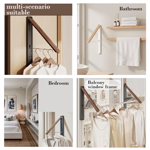HGZBS Retractable Wall Mounted Drying Rack - Foldable Clothes Hanger in Walnut or Oak Color for Laundry Room, Closet & Balcony (Walnut, 1 Rack) - Image 5