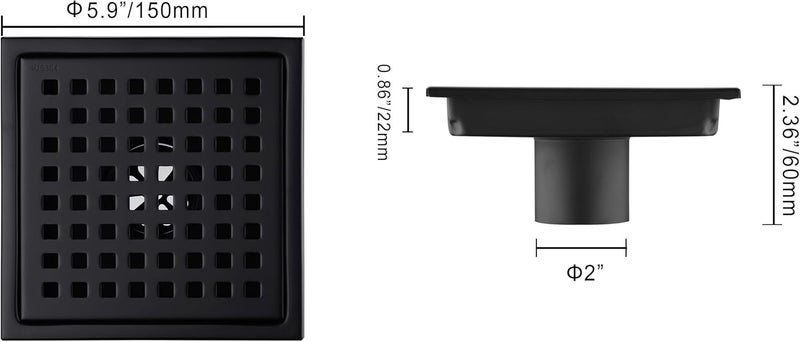 orhemus Square Shower Floor Drain with Removable Cover Grid Grate 6 inch Long, SUS 304 Stainless Steel Black Plated Finish - Image 4