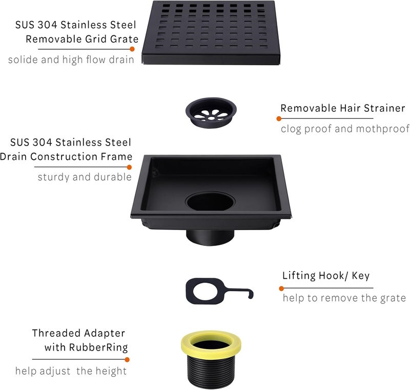 orhemus Square Shower Floor Drain with Removable Cover Grid Grate 6 inch Long, SUS 304 Stainless Steel Black Plated Finish - Image 3