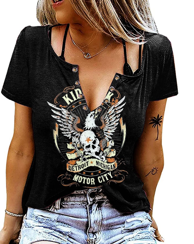 Yuaelria Vintage Rock Roll Concert T-Shirt Women Loose Casual Shirt Tops Funny Skeleton Eagle Graphics V Neck Short Sleeve (Medium,Black) - Image 1