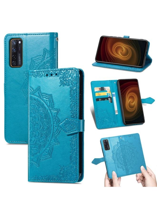 HuHa Case Cover For ZTE Axon 20 5G Mandala Flower Embossed Horizontal Flip Leather Case with Holder & Three Card Slots & Wallet & Lanyard(Blue) 