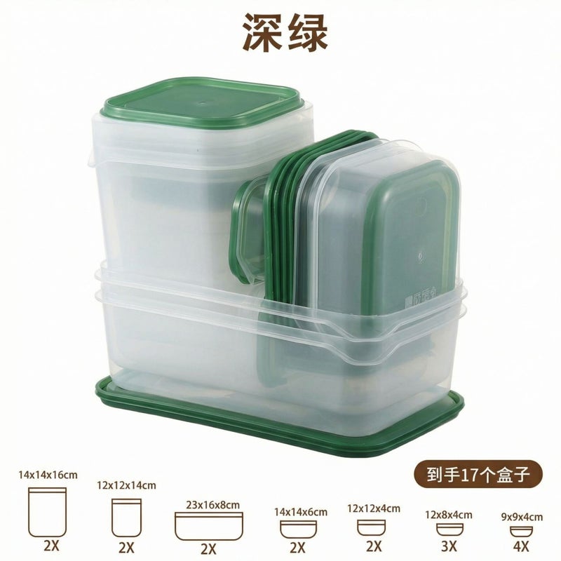 17-Piece Kitchen Fridge Fruit Storage Freshness Box Set with Lids - Food-Grade Transparent Containers for Utensils - 17-Piece Green Set