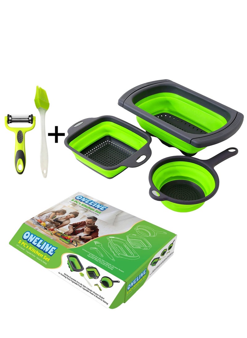ONELINE - 5 Piece Kitchen Set Collapsible Colanders Vegetable Peeler Baking Brush Over the Sink Strainer with Extendable Handles Folding Strainer for Fruits Vegetables and Pasta - Image 1