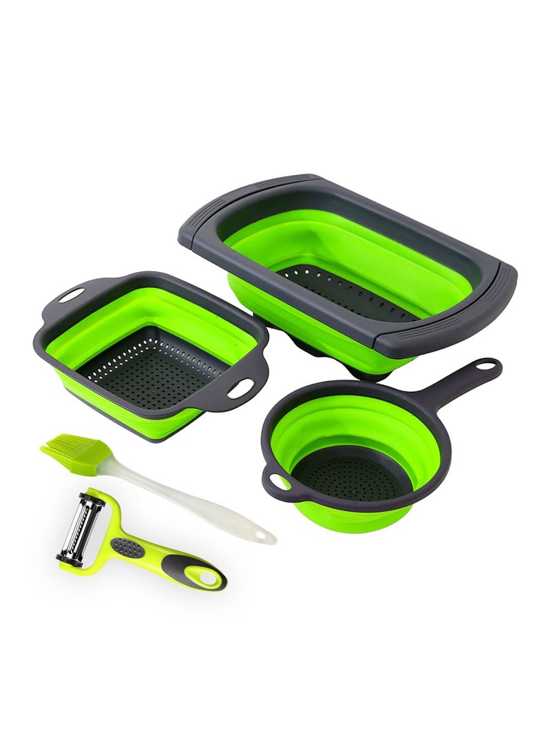 ONELINE - 5 Piece Kitchen Set Collapsible Colanders Vegetable Peeler Baking Brush Over the Sink Strainer with Extendable Handles Folding Strainer for Fruits Vegetables and Pasta - Image 1