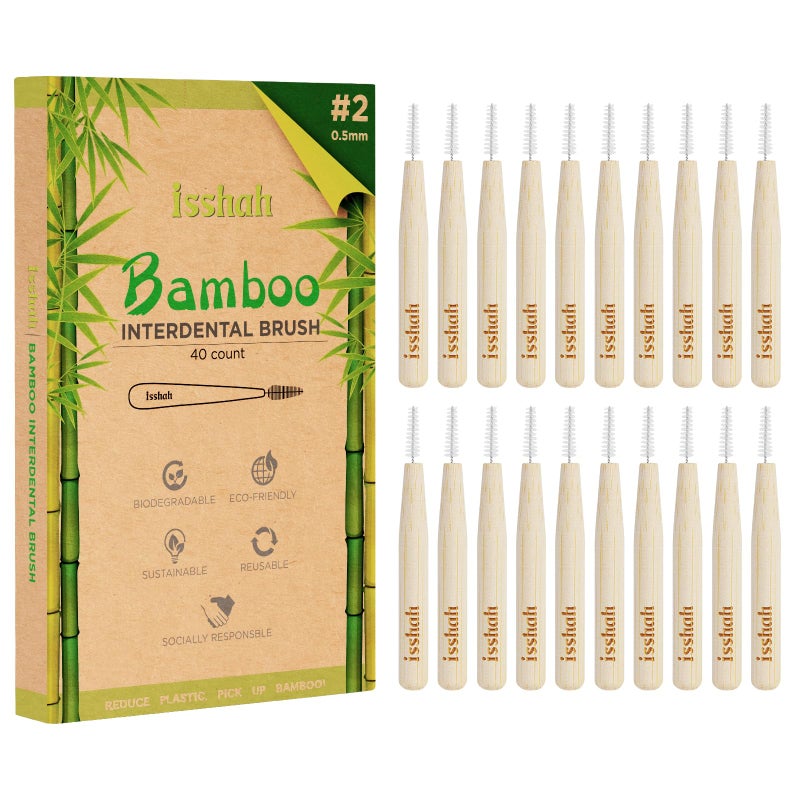 Isshah Biodegradable Bamboo Handle Interdental Brushes Between Teeth Cleaner Deep Clean Toothpick FSC Certified and PETA Approved Size 2 05mm 40 Count