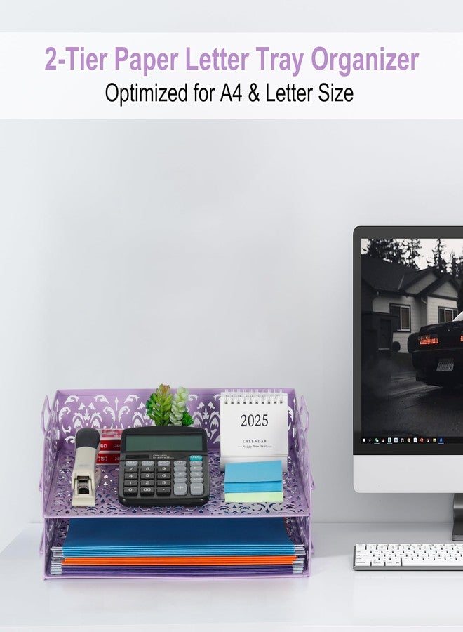EasyPAG Paper Organizer for Desk 2 Tier Stackable Paper Tray for A4 Legal Size Folders Metal File Storage Desktop Organizer for Home Office School Teacher, Purple - Image 3