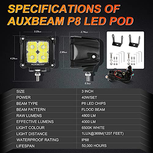 Auxbeam FA Series 3 Inch LED Pods Flood Beam 40W 4800LM Offroad Cube Light Bar Square Ditch Lights Backup Reverse for Trucks, ATVs, UTVs, Jeeps, Cars, Motorcycles, Pair - Image 3