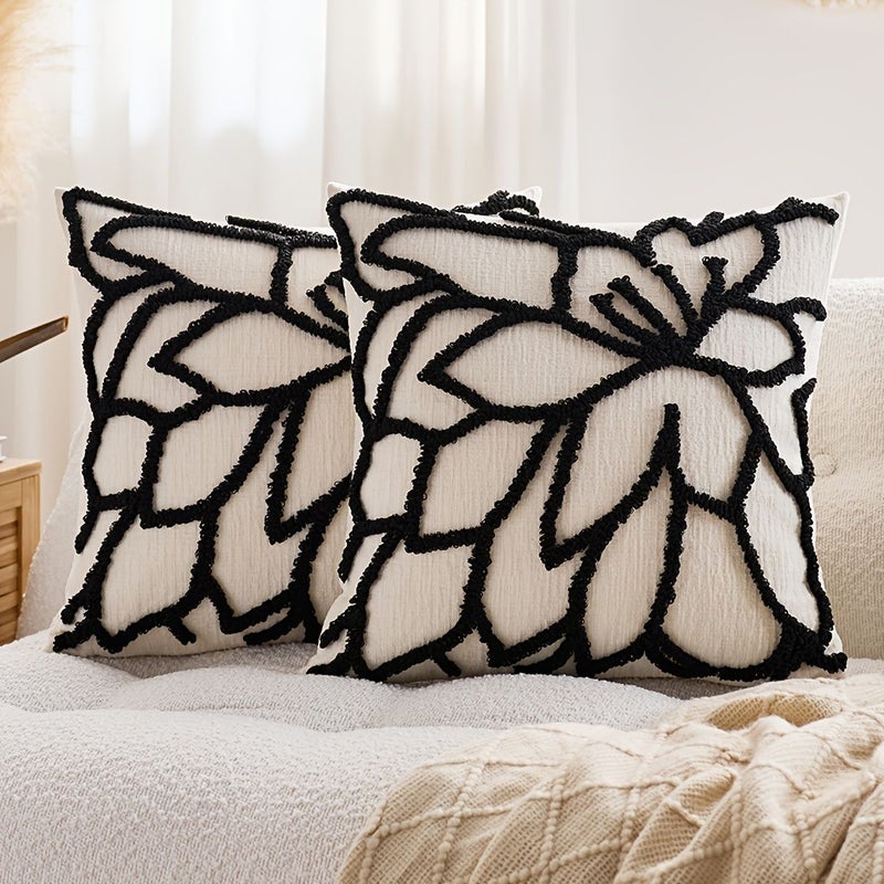2 Pack Black Tufted Rose Pillow Covers 45x45cm 18x18 Inch Embroidered Comfortable Polyester Cushion Cases With Geometric Pattern Zipper Closure For Home Office Use - Image 1