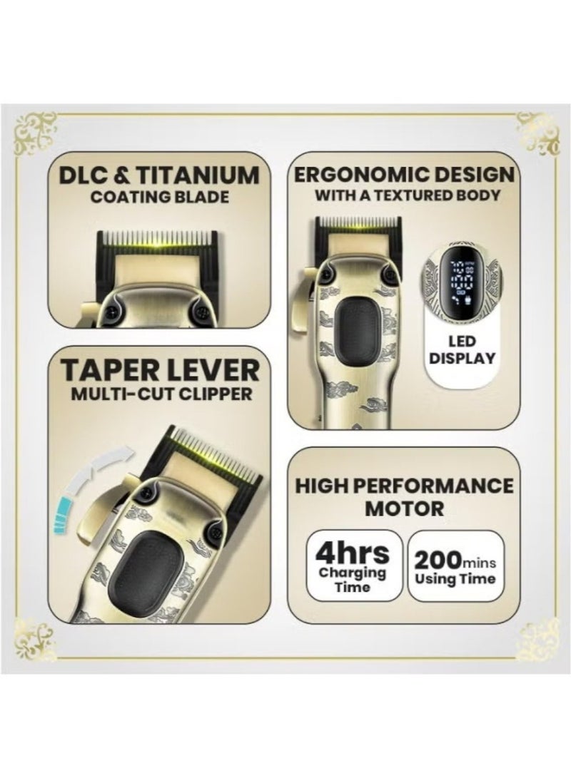 vGRASSP V-027 VGR Professional Hair Clipper, Salon Series with 7000 RPM Brushless Motor, 200-Min Runtime, 2600mAh Lithium Battery, DLC & Titanium Coating Blades, 8 Guide Combs, LED Display, Taper Lever (Gold) - Image 2
