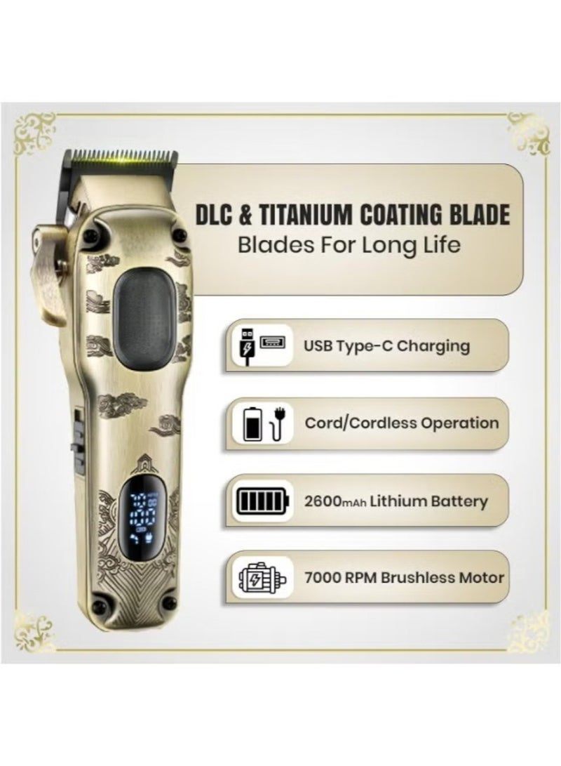 vGRASSP V-027 VGR Professional Hair Clipper, Salon Series with 7000 RPM Brushless Motor, 200-Min Runtime, 2600mAh Lithium Battery, DLC & Titanium Coating Blades, 8 Guide Combs, LED Display, Taper Lever (Gold) - Image 4