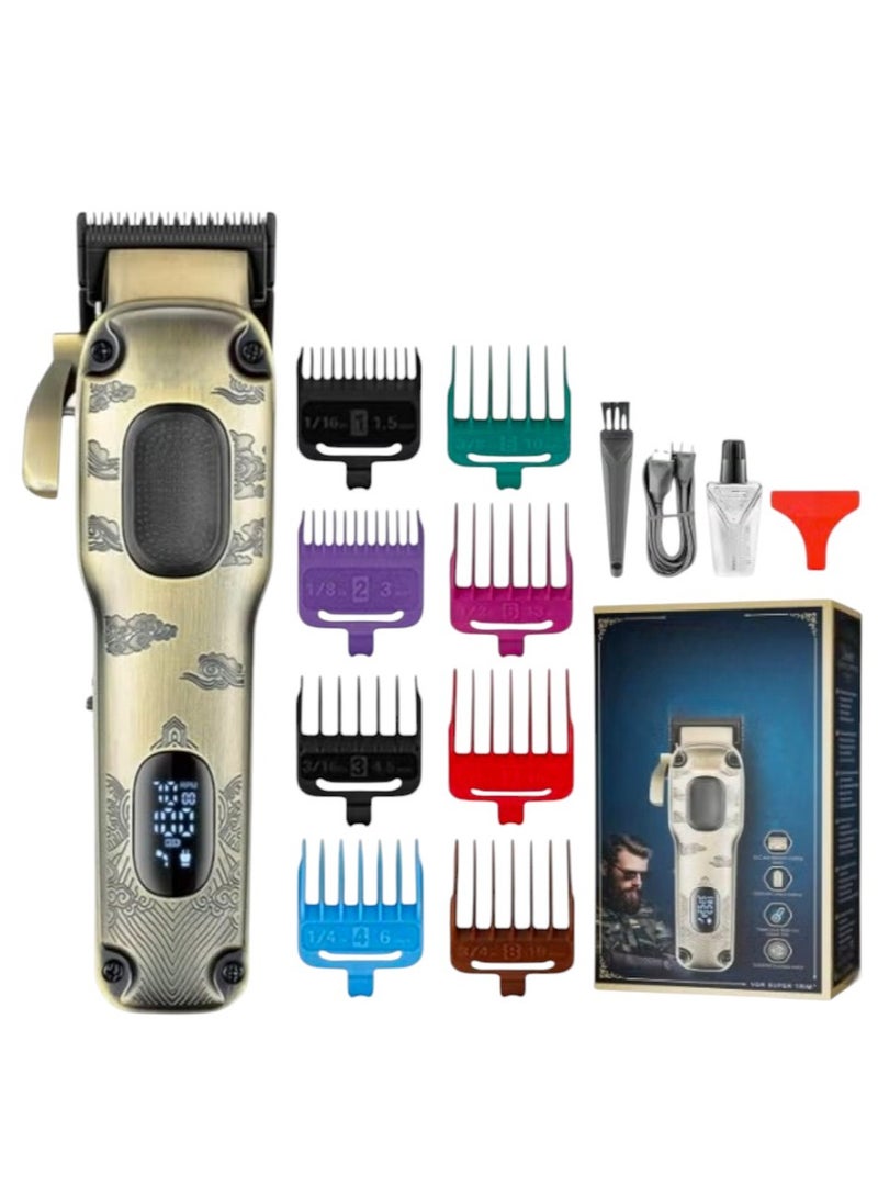 vGRASSP V-027 VGR Professional Hair Clipper, Salon Series with 7000 RPM Brushless Motor, 200-Min Runtime, 2600mAh Lithium Battery, DLC & Titanium Coating Blades, 8 Guide Combs, LED Display, Taper Lever (Gold) - Image 1
