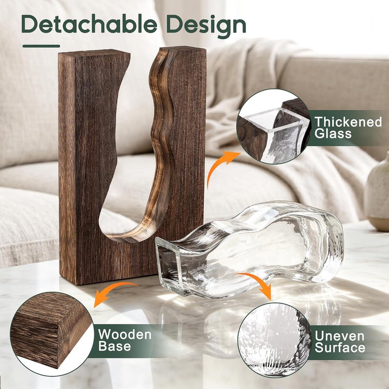 LITIVY أواني زخرفية من الخشب والزجاج مع زخارف محفورة، مناسبة للديكور المنزلي كقطعة مركزية (9.44 بوصة) - Image 5