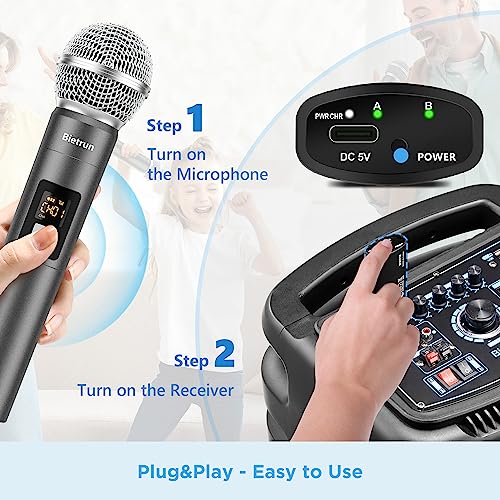 Bietrun XLR Wireless Microphone, Rechargeable Dual Metal Cordless Handheld Dynamic Mics for Mixer, Audio Interface, PA Amplifier System, Church, Singing, Karaoke(UHF 240FT Range)(with 6.35 Adapter) - Image 2