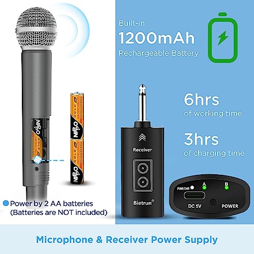 Bietrun XLR Wireless Microphone, Rechargeable Dual Metal Cordless Handheld Dynamic Mics for Mixer, Audio Interface, PA Amplifier System, Church, Singing, Karaoke(UHF 240FT Range)(with 6.35 Adapter) - Image 4