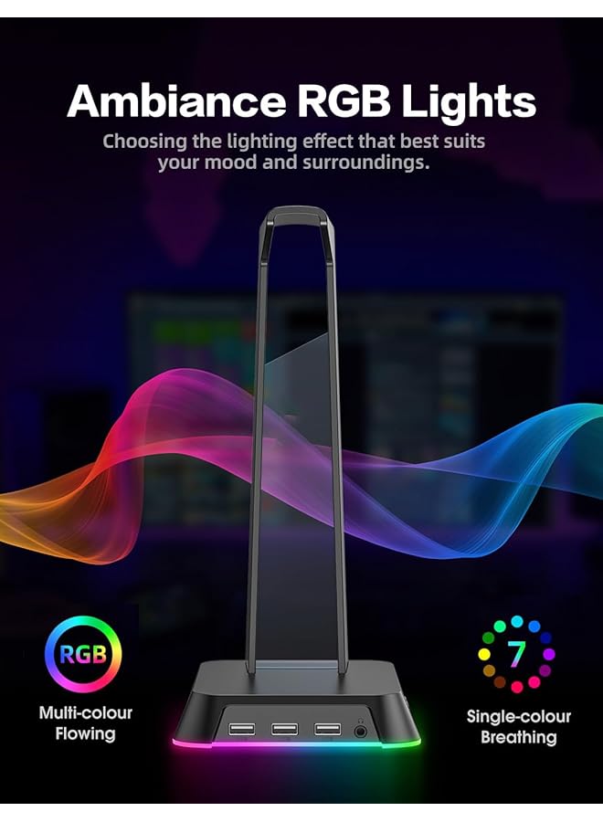 erorex Gaming Headset Stand Versatile Desktop Headset Holder With Rgb 3 Usb 2.0 Hubs & 3.5Mm Audio Jack Sturdy Rubber Anti Slip Base For All Headsets Black - Image 3