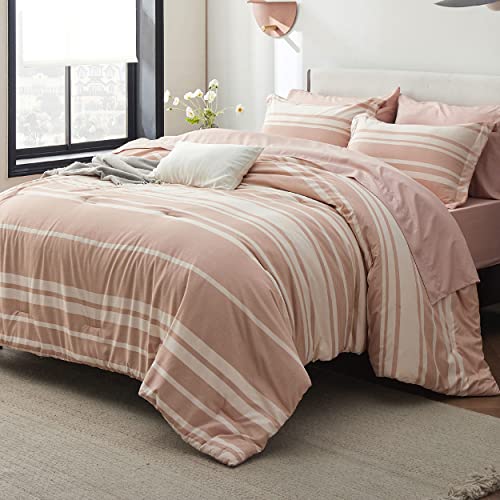 Bedsure Bedsure Full Comforter Set 7 Pieces Dusty Pink Striped Bedding Set for Full Size Bed Reversible Cationic Dyeing Bed in a Bag with Comforter Sheets Pillowcases  Shams 