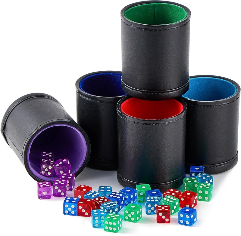 Bc Toptan 5 Pack Black Leather Dice Cups with Colorful Velvet Felt-Lined Interior and 30 Matching Colorful Transparent Dices - Image 1