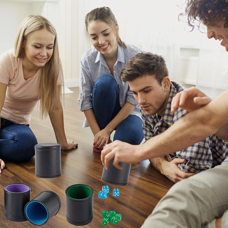 Bc Toptan 5 Pack Black Leather Dice Cups with Colorful Velvet Felt-Lined Interior and 30 Matching Colorful Transparent Dices - Image 3