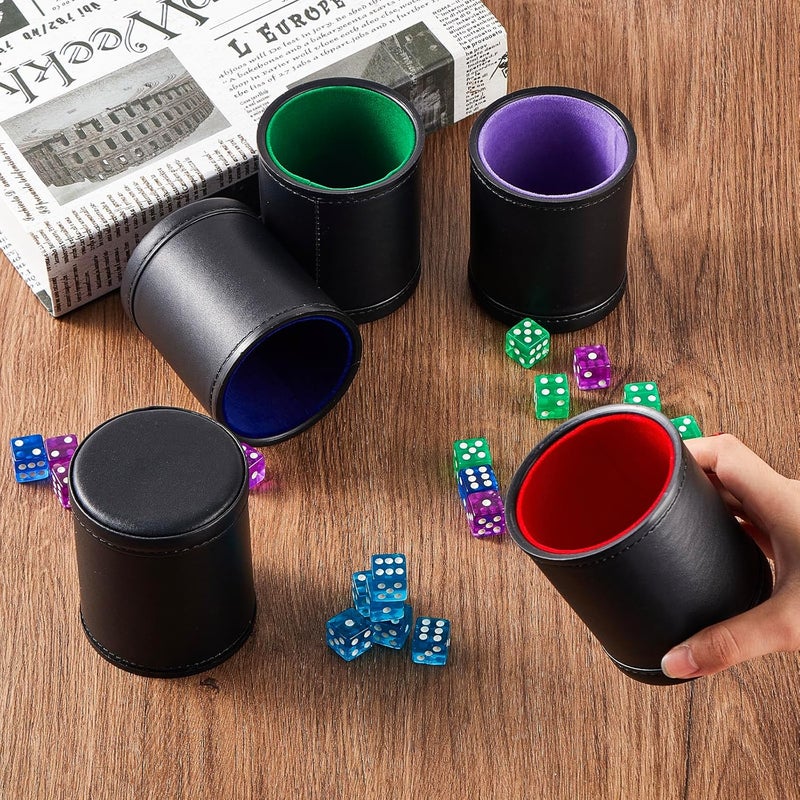 Bc Toptan 5 Pack Black Leather Dice Cups with Colorful Velvet Felt-Lined Interior and 30 Matching Colorful Transparent Dices - Image 2