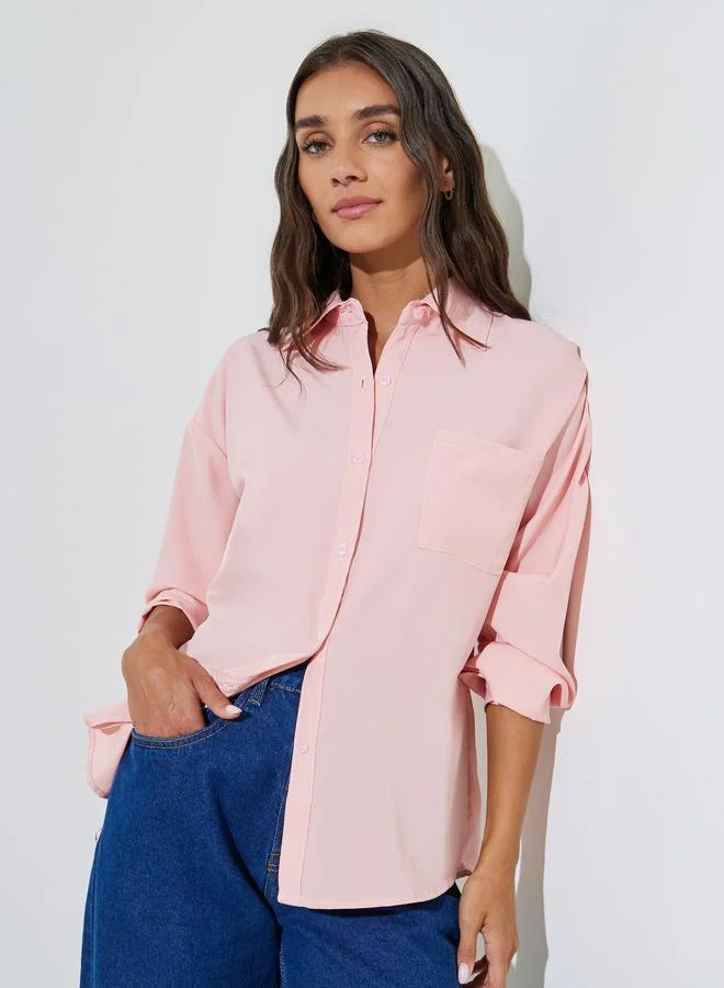 ستايلي Pink Solid Patch Pocket Oversized Button-Up Shirt