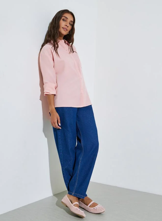 ستايلي Pink Solid Patch Pocket Oversized Button-Up Shirt