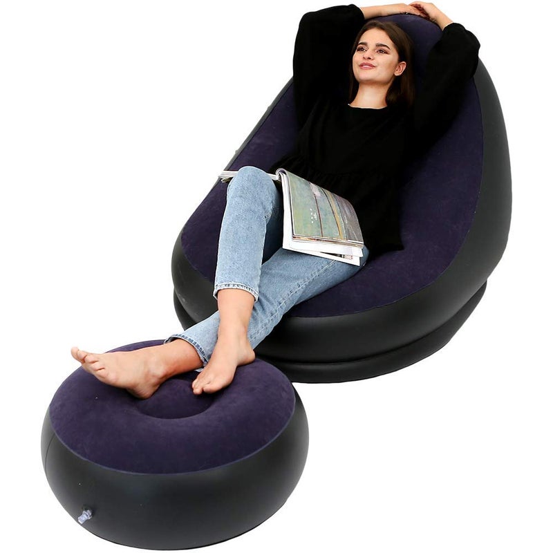 MENGDUO Inflatable Leisure Sofa Chair and Footstool Outdoor Folding Lounger Sofa Flocking Lazy Couch Navy